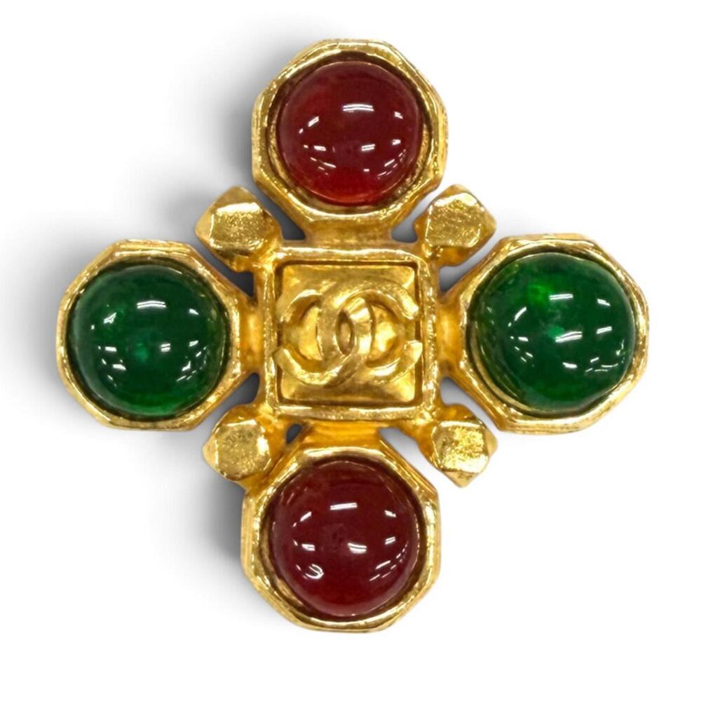 CHANEL Vintage 97A Gripoix Coco Mark Brooch, Red and Green, Gold Hardware, Ma...